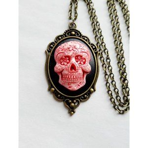 Bronze Red Metallic Sugar Skull Day of the Dead Gothic Rockabilly Cameo Necklace